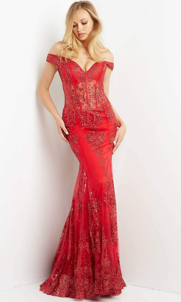 Jovani - 06369 Off Shoulder Embellished Mermaid Gown Special Occasion Dress 00 / Red