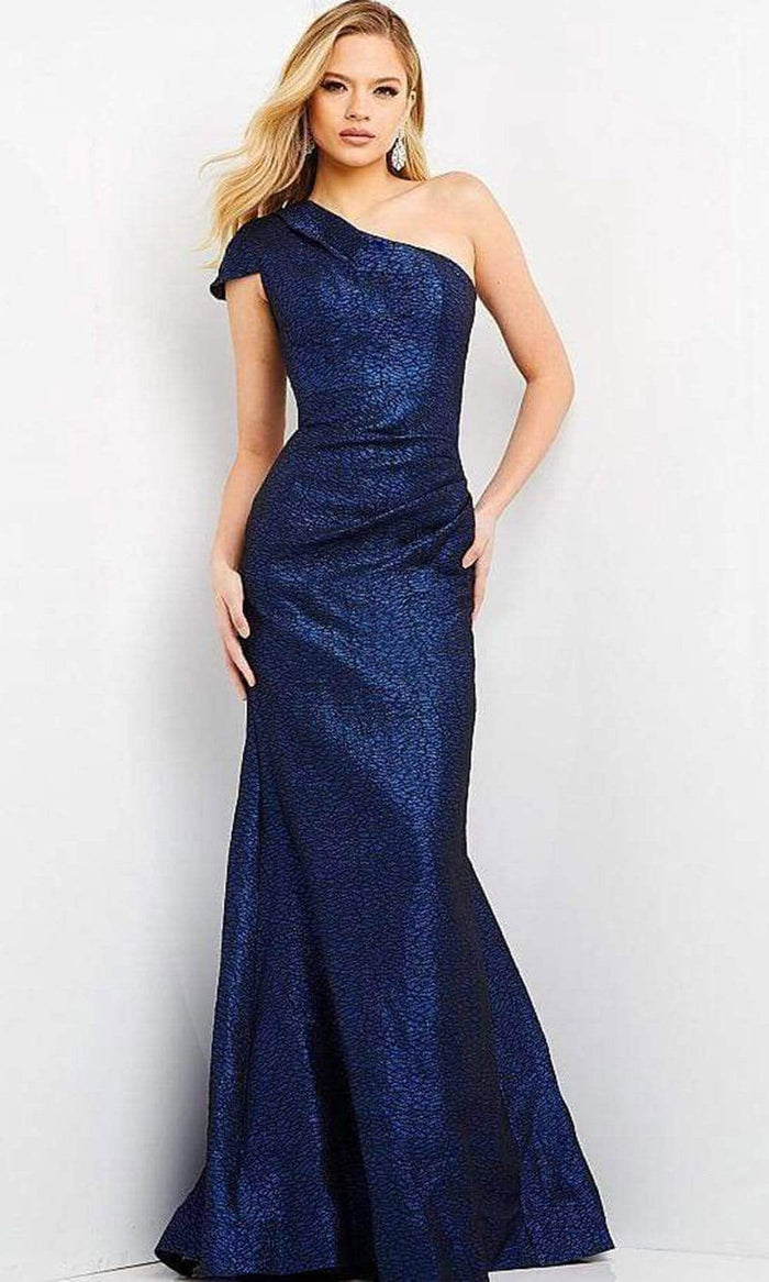 Jovani - 06751 One Shoulder Metallic Jacquard Evening Dress Evening Dresses 00 / Cobalt