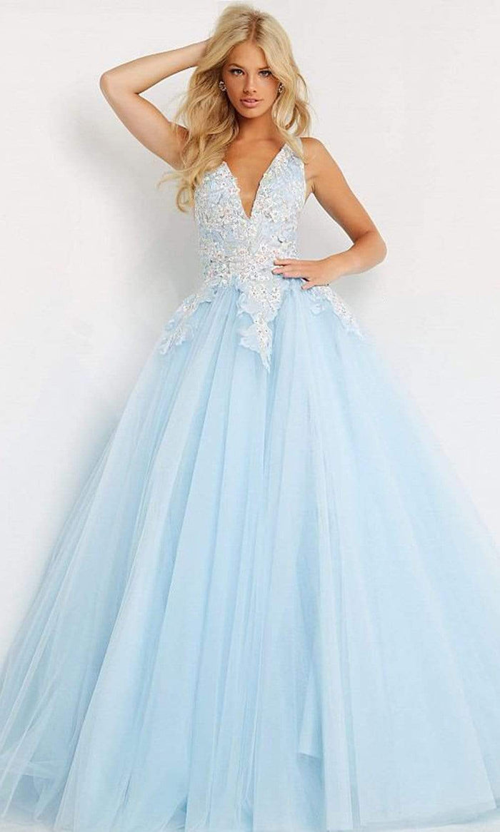 Jovani - 06808 Tulle V Neck and Back Ballgown Ball Gowns 00 / Light-Blue