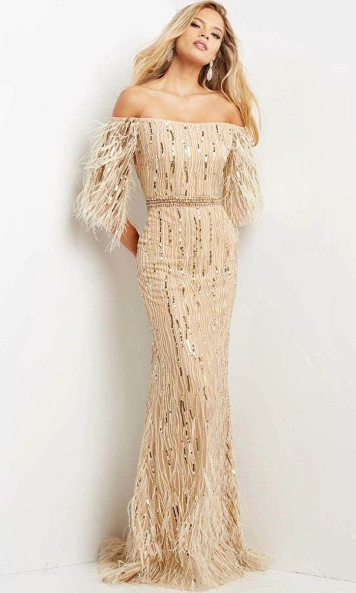 Jovani 07195 - Off-shoulder Quarter Length Sleeves Evening Gown Evening Dresses 00 / Champagne