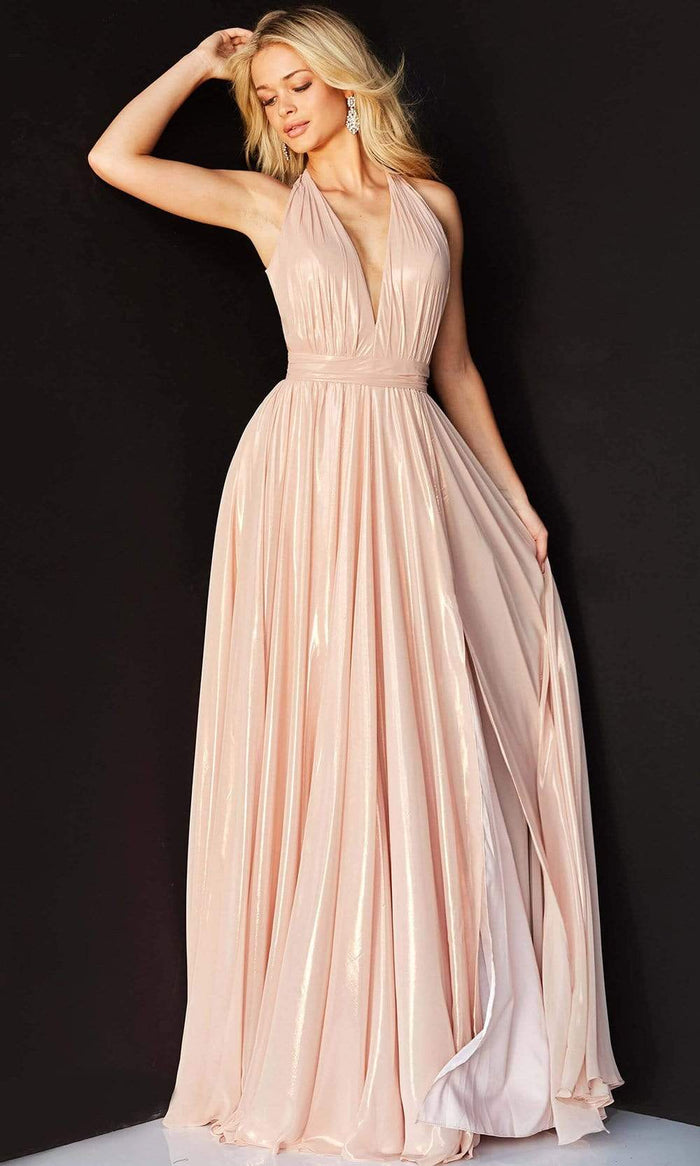 Jovani - 07247 Plunging Halter Cascading Panel Gown Special Occasion Dress 00 / Blush