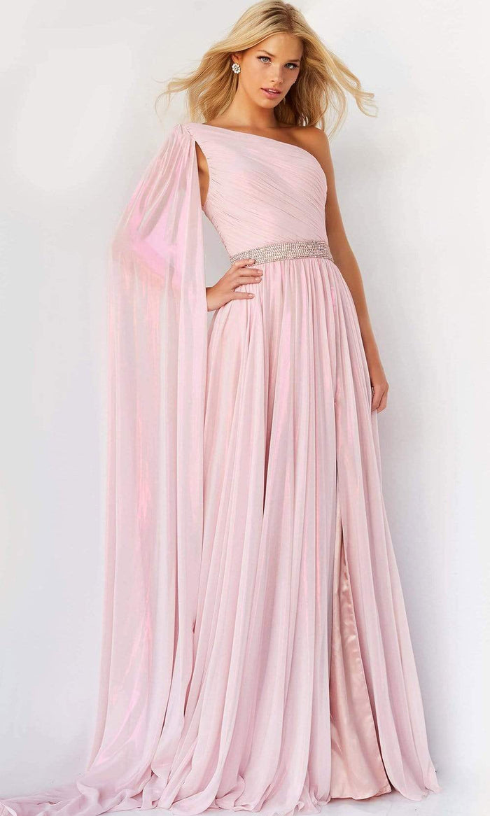 Jovani - 07248 One Shoulder Draped Chiffon Gown Special Occasion Dress 00 / Light-Pink