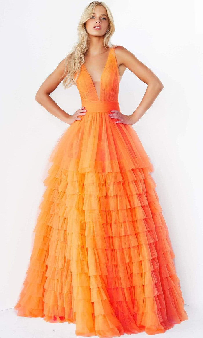 Jovani - 07264 Shirr-Ornate Tiered Tulle Gown Ball Gowns 00 / Orange
