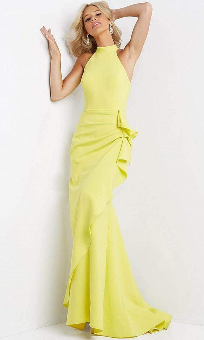 Jovani - 07301 High Halter Neck Mermaid Gown With Ruffle Special Occasion Dress 00 / Citrus