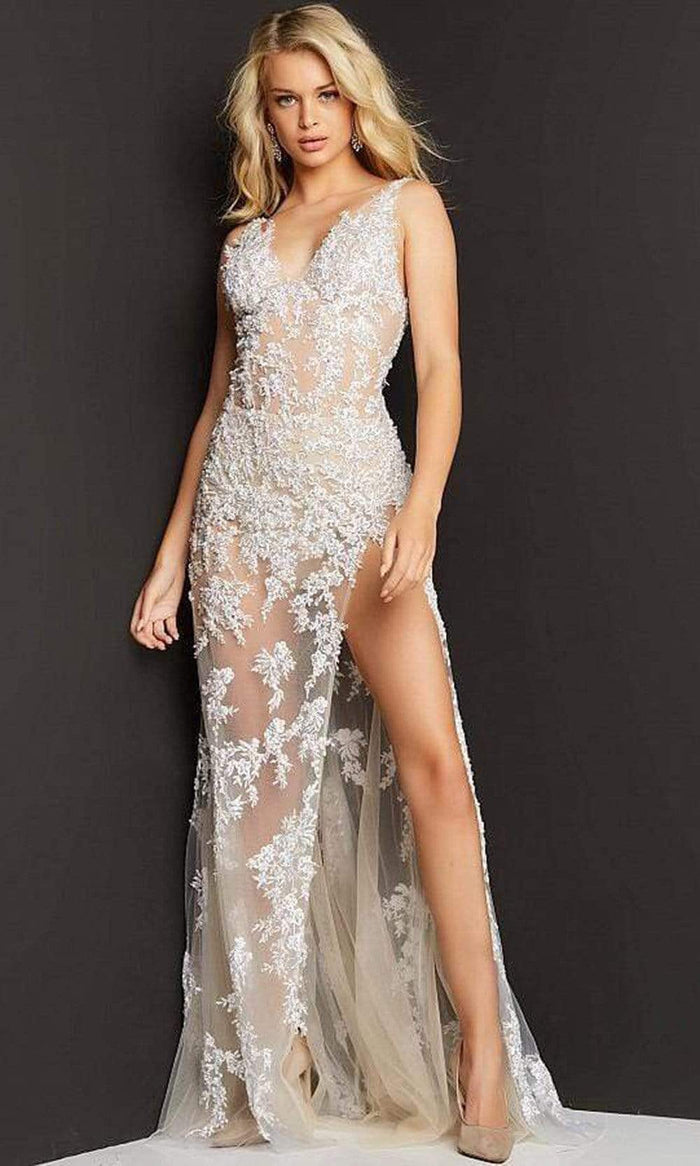 Jovani - 07368 Romantic Lace Sheer Sexy Dress Prom Dresses 00 / Off-White