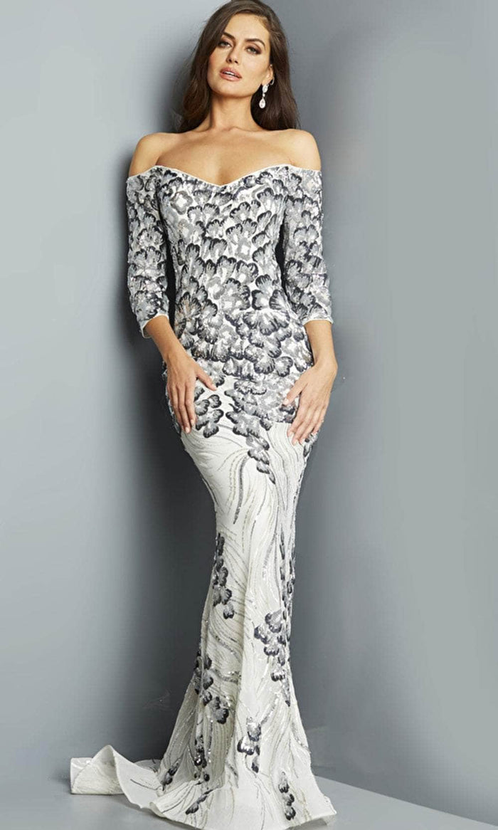 Jovani 07446 - Sequin Off Shoulder Evening Dress Evening Dresses 00 / Silver