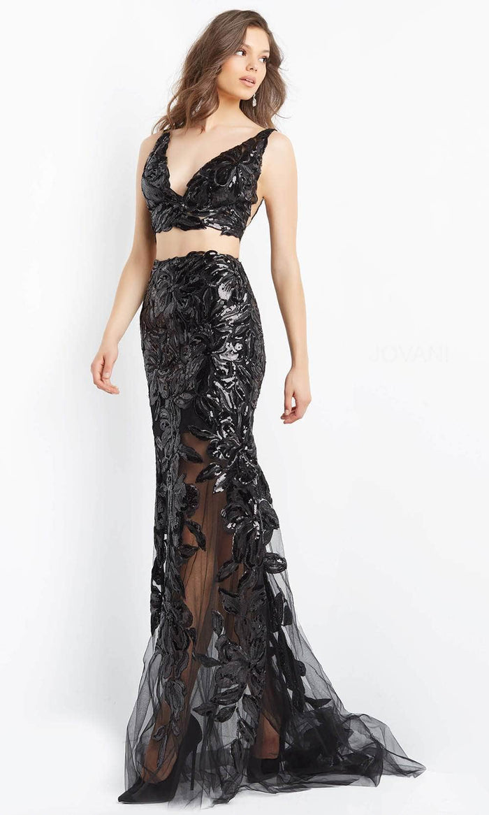 Jovani 07501 - V-Neck Floral Sequin Prom Gown Special Occasion Dress 00 / Black