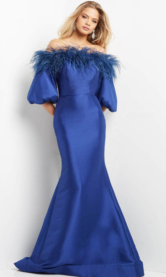 Jovani 08356 - Feather Trimmed Mermaid Evening Dress