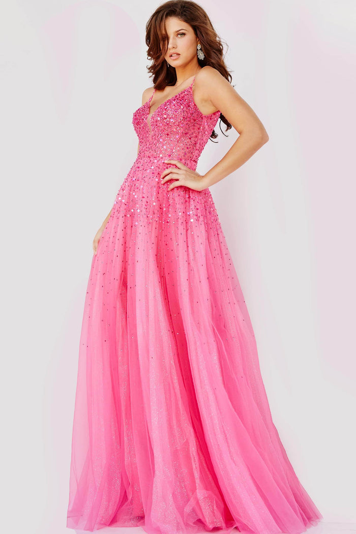 Jovani - 08408 Glitter Embellished Prom Dress Ball Gowns 00 / Fuchsia