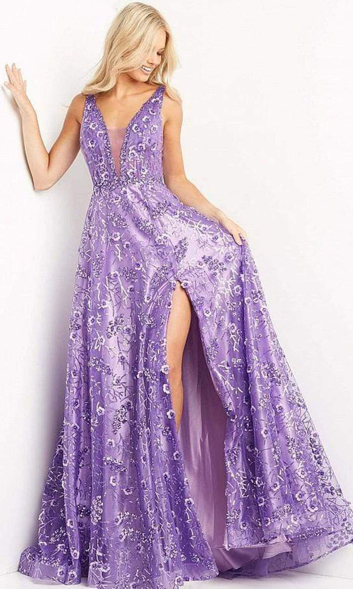 Jovani - 08422 Floral Applique Slit A-line Dress Prom Dresses 00 / Purple