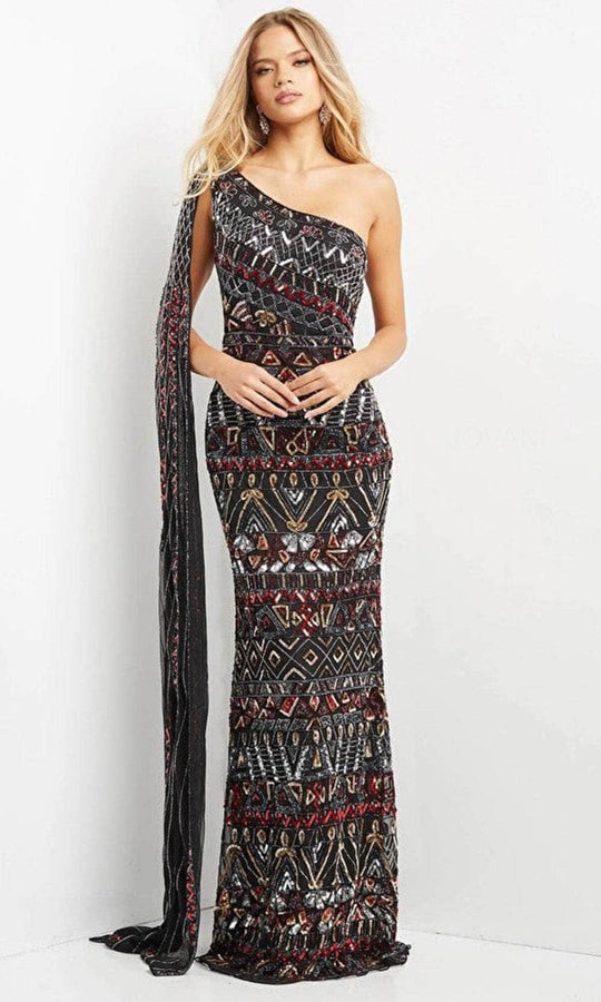 Jovani 08450 - Asymmetric with Shoulder Cape Long Dress