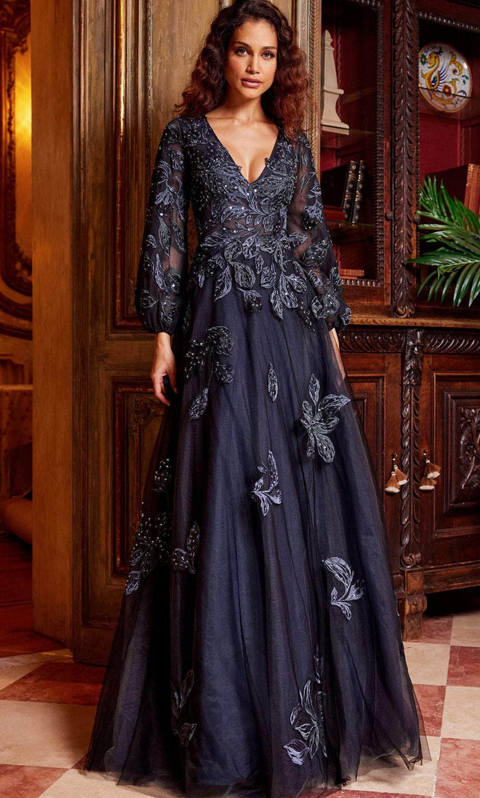 Jovani 09943 - Embroidered Deep V-Neck Evening Gown Special Occasion Dress 00 / Navy