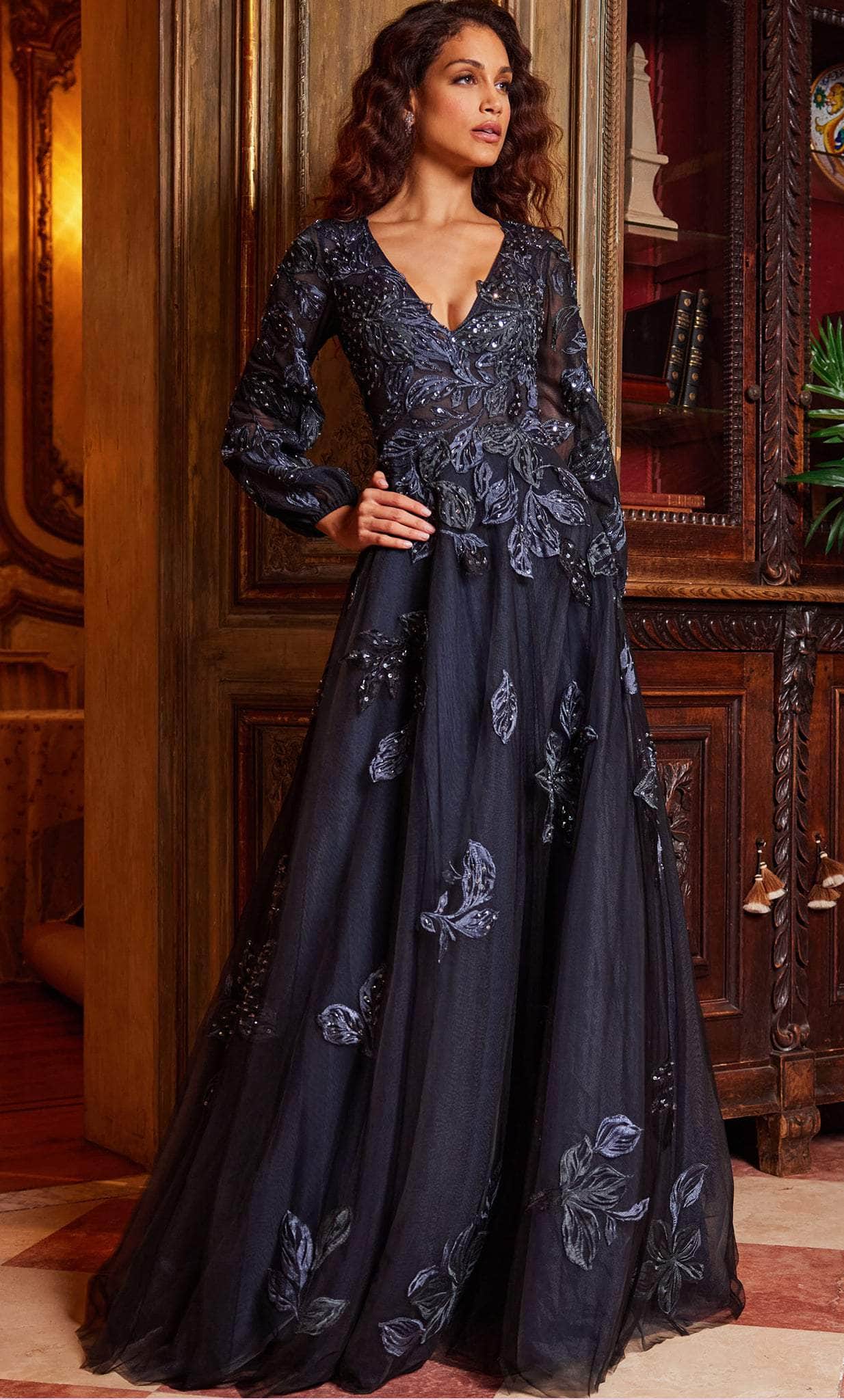 Long Sleeve Modest Floral Prom Dresses Embroidered Long Formal Dress A –  SheerGirl