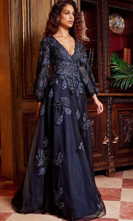 Jovani 09943 - Embroidered Deep V-Neck Evening Gown