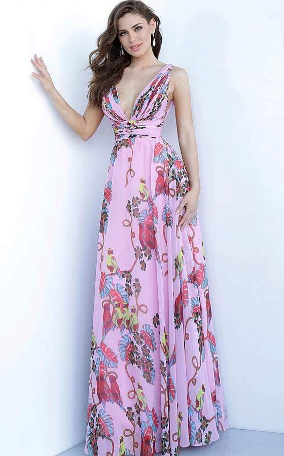 Jovani - 1032 Printed Deep V-neck Chiffon A-line Dress Evening Dresses 0 / Pink/Print
