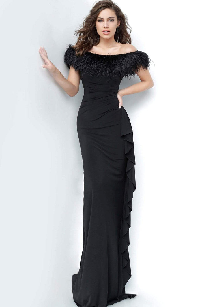 Jovani - 1147 Off-Shoulder Feather Sheath Dress Evening Dresses 00 / Black
