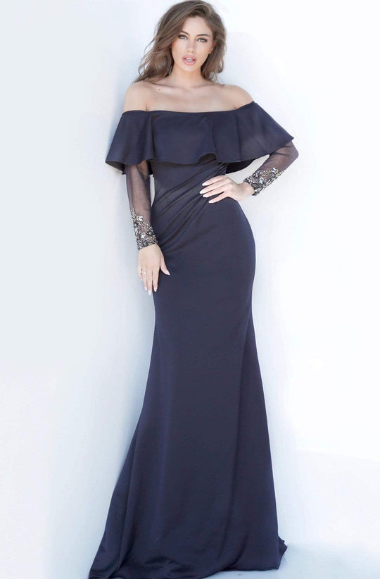 Jovani - 1152 Off-Shoulder Long Sleeves Sheath Dress