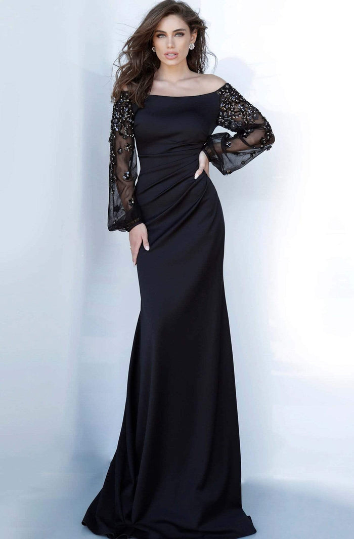 Jovani - 1156 Off- Shoulder Bishop Sleeve Sheath Dress Evening Dresses 00 / Black