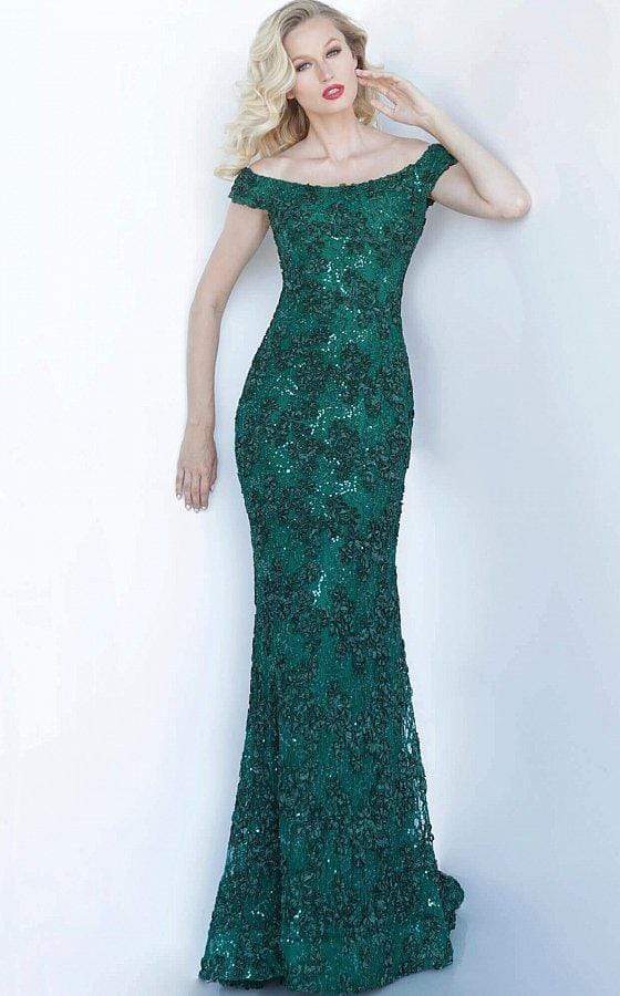 Jovani - 1910 Sequin Floral Embroidered Dress Evening Dresses 00 / Emerald