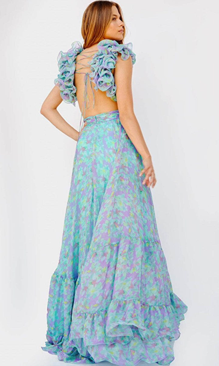 Jovani 23320 - Ruffled Shoulder Flowy Printed Gown – Couture Candy