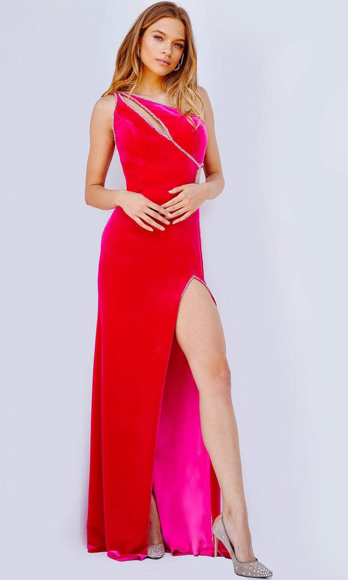 Jovani 23627 - One Shoulder Cutout Prom Dress Special Occasion Dress 00 / Hot-Pink