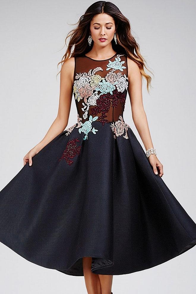 Jovani - 23695 Multi-Colored Sheer Jewel A-line Dress in Black