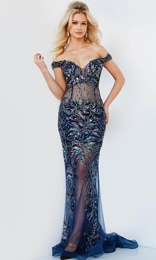 Jovani 23760 - Off Shoulder Beaded Translucent Gown