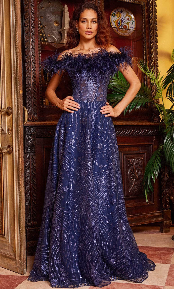 Jovani 23884 - Feather Off-Shoulder Prom Dress Special Occasion Dress 00 / Navy