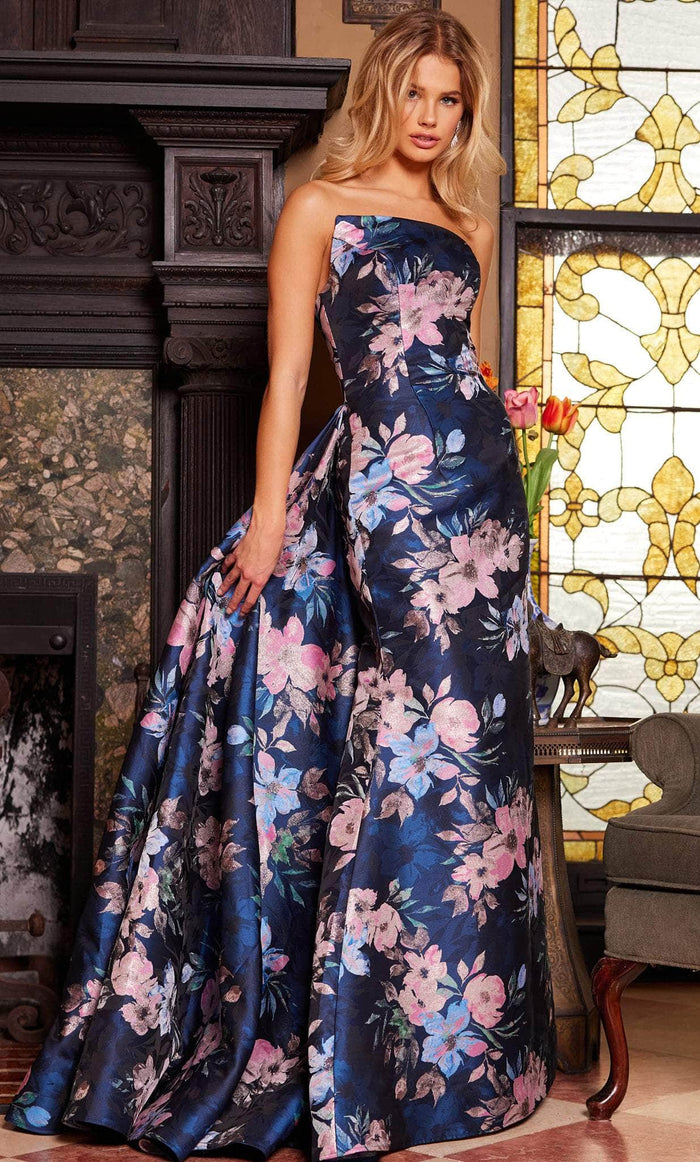 Jovani 23893 - Strapless Floral Print Evening Gown Special Occasion Dress 00 / Navy/Multi