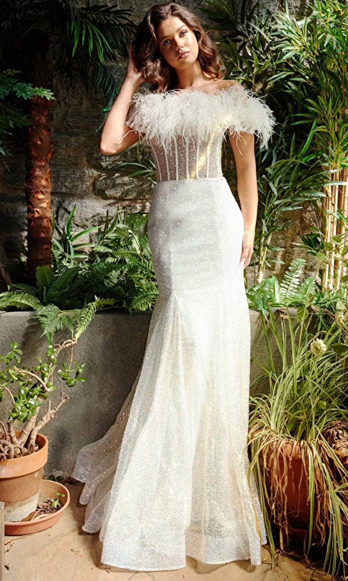 Jovani 23958 - Boned Bodice Glittery Mermaid Gown Prom Dresses 00 / Off-White