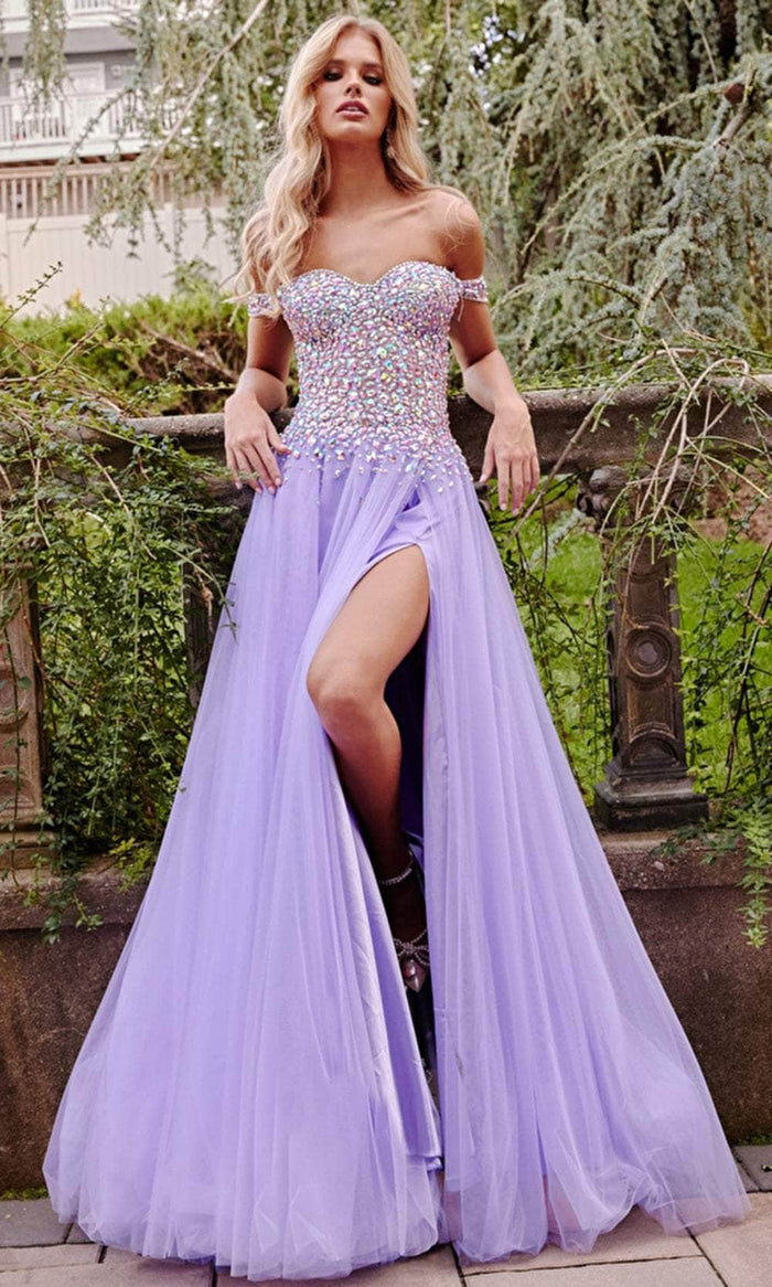 Jovani 23963 - Off Shoulder Rhinestone Accented Gown Prom Dresses 00 / Lilac/Multi
