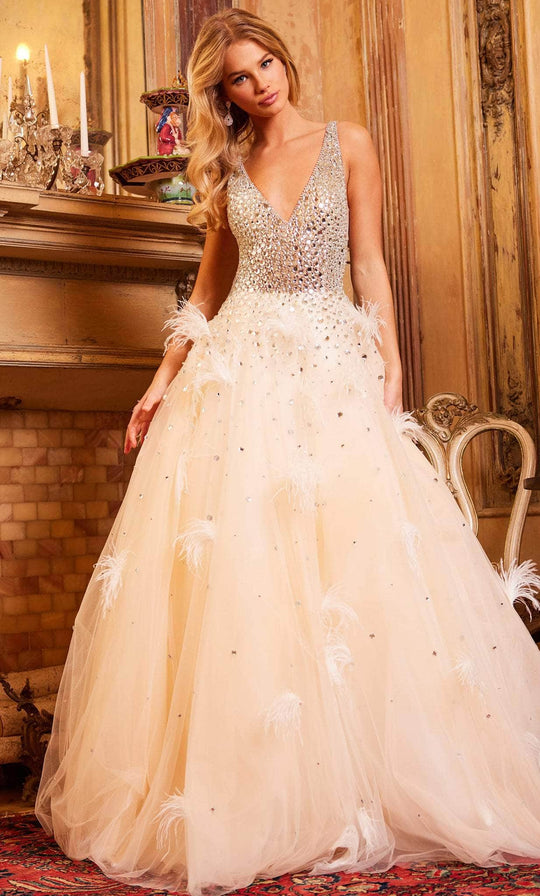 Jovani 24255 - Beaded V-Neck Feather Ballgown