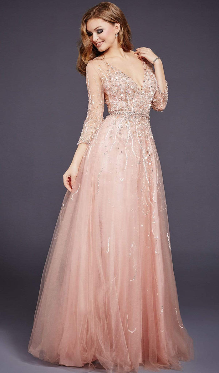 Jovani - 29084 Quarter Sleeve Ornate Illusion Tulle Gown Special Occasion Dress 0 / Blush