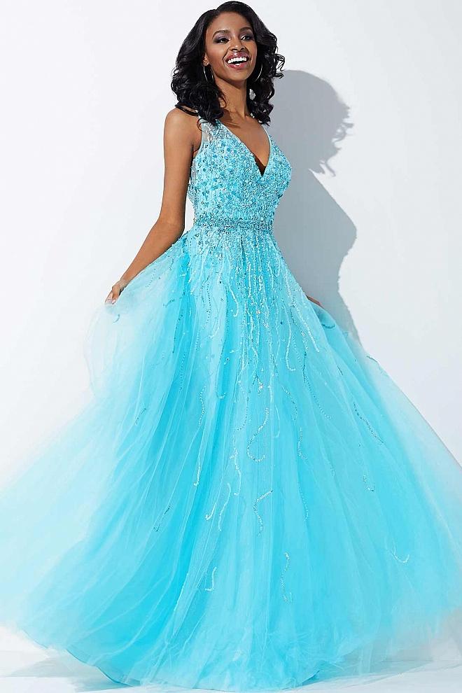 Jovani - 29085 Sleeveless Adorned Tulle Gown Special Occasion Dress 00 / Aqua