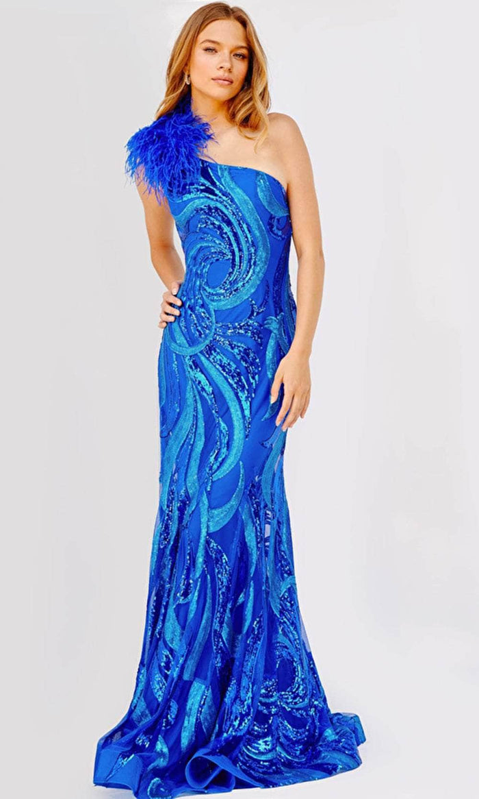 Jovani 32596 - Feather Shoulder Sequined Dress Prom Dresses 00 / Royal