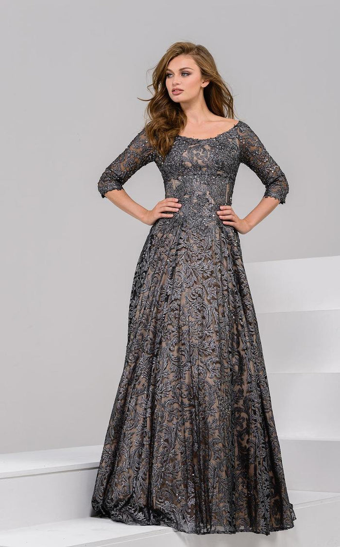 Jovani - 37938 Scoop Quarter Length Sleeves A Line Gown Mother of the Bride Dresses 00 / Grey