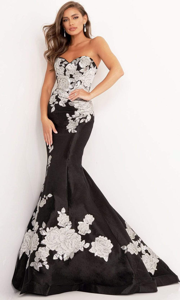 Jovani - 3917 Floral Sweetheart Mermaid Dress Evening Dresses 00 / Black/Silver