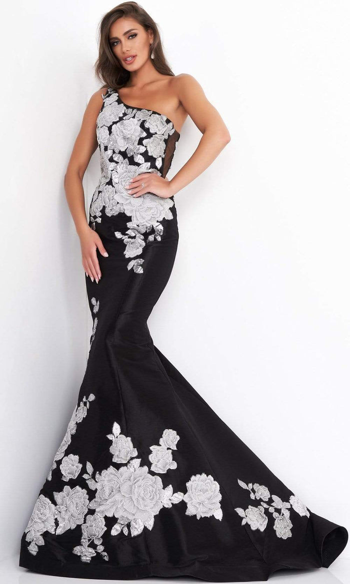 Jovani - 3918 Floral One Shoulder Mermaid Dress Evening Dresses 00 / Black/Silver