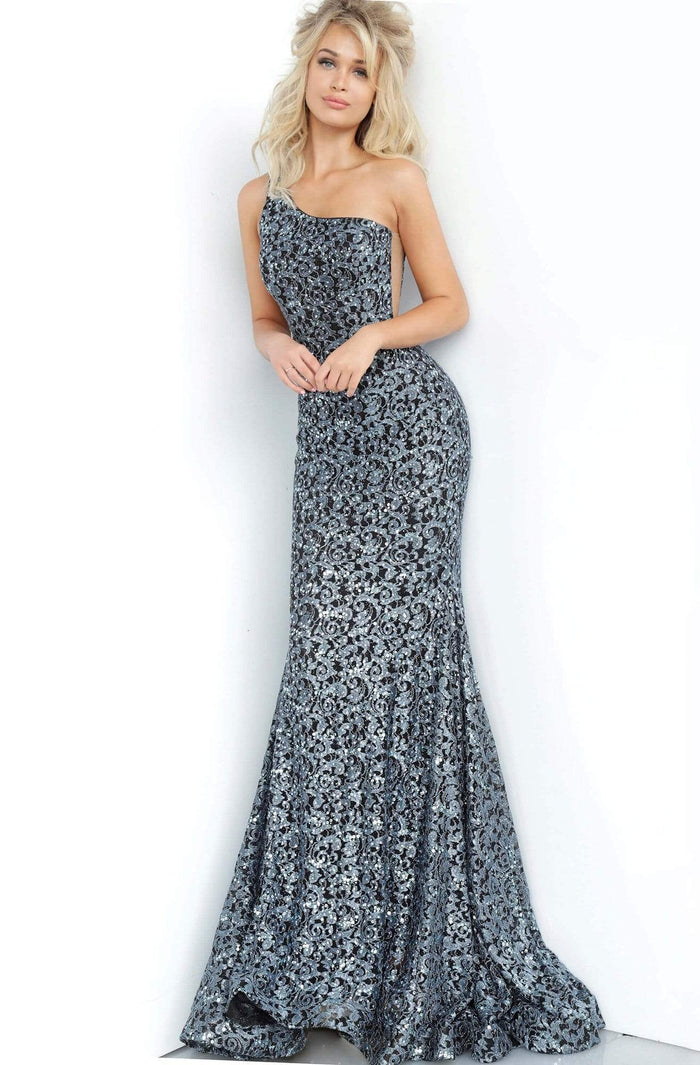 Jovani - 3927 Embellished Lace One Shoulder Trumpet Dress Evening Dresses 00 / Black/Blue