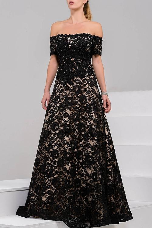 Jovani - 42828 Off-Shoulder Lace Ballgown Special Occasion Dress 0 / Black