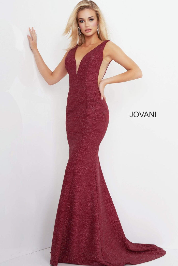 Jovani 45811 V-Neckline Prom Dress With Nude Cut-Outs Prom Dresses 00 / Burgundy