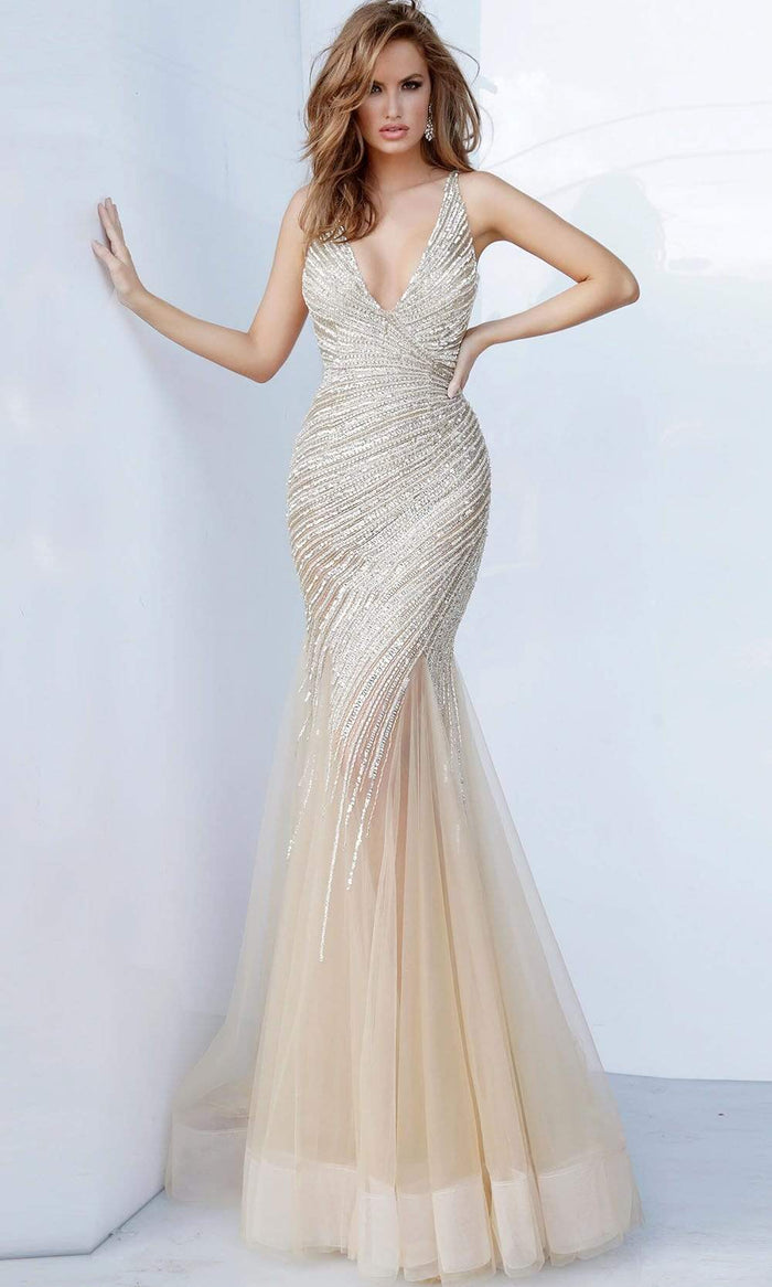 Jovani - 4741SC Beaded Deep V-neck Tulle Trumpet Dress - 2 pcs Nude In Size 8 and 10 Available CCSALE 10 / Nude