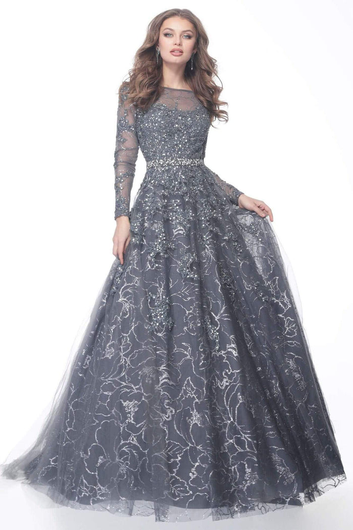 Jovani - 51838 Embroidered Long Sleeve Bateau Ballgown Mother of the Bride Dresses 00 / Gunmetal