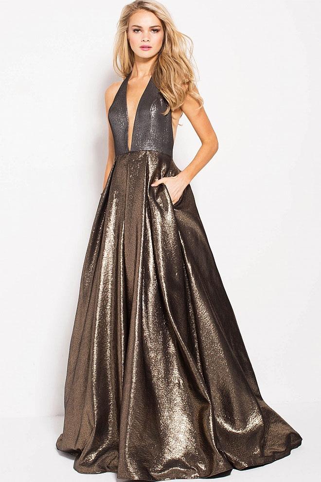 Jovani - 57237 Plunging Halter Metallic A-Line Prom Gown Special Occasion Dress 0 / Gold/Silver