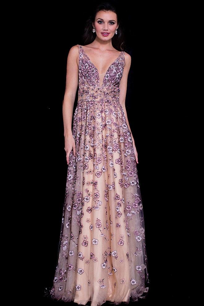 Jovani - 58649 Ruched V-Neck Floral Embroidered Evening Gown CCSALE 14 / Nude/Pink