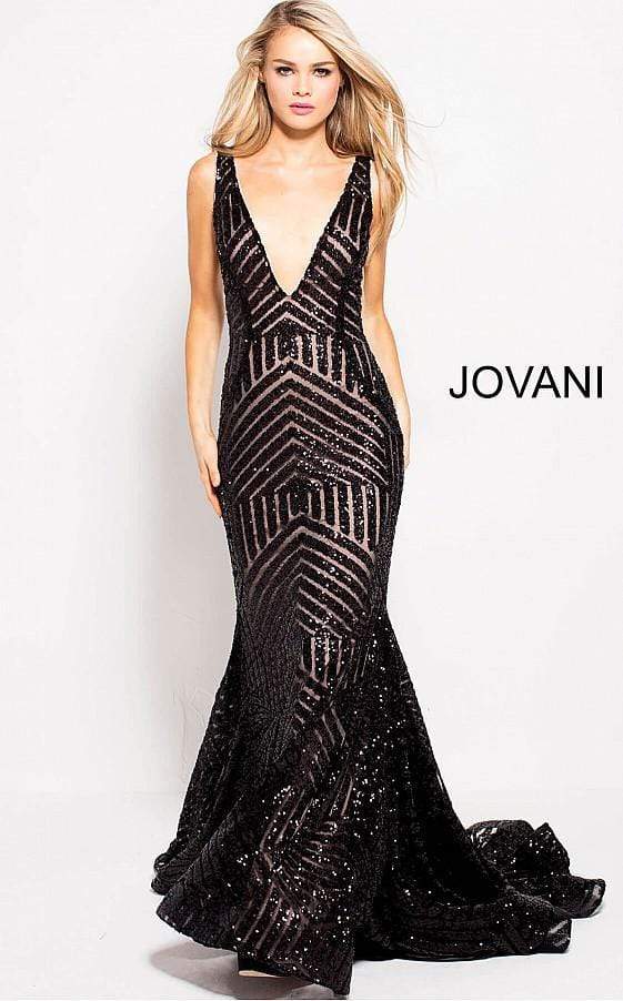 Jovani - 59762 Sexy Fitted Sequined Plunging Gown Special Occasion Dress 00 / Black/Nude