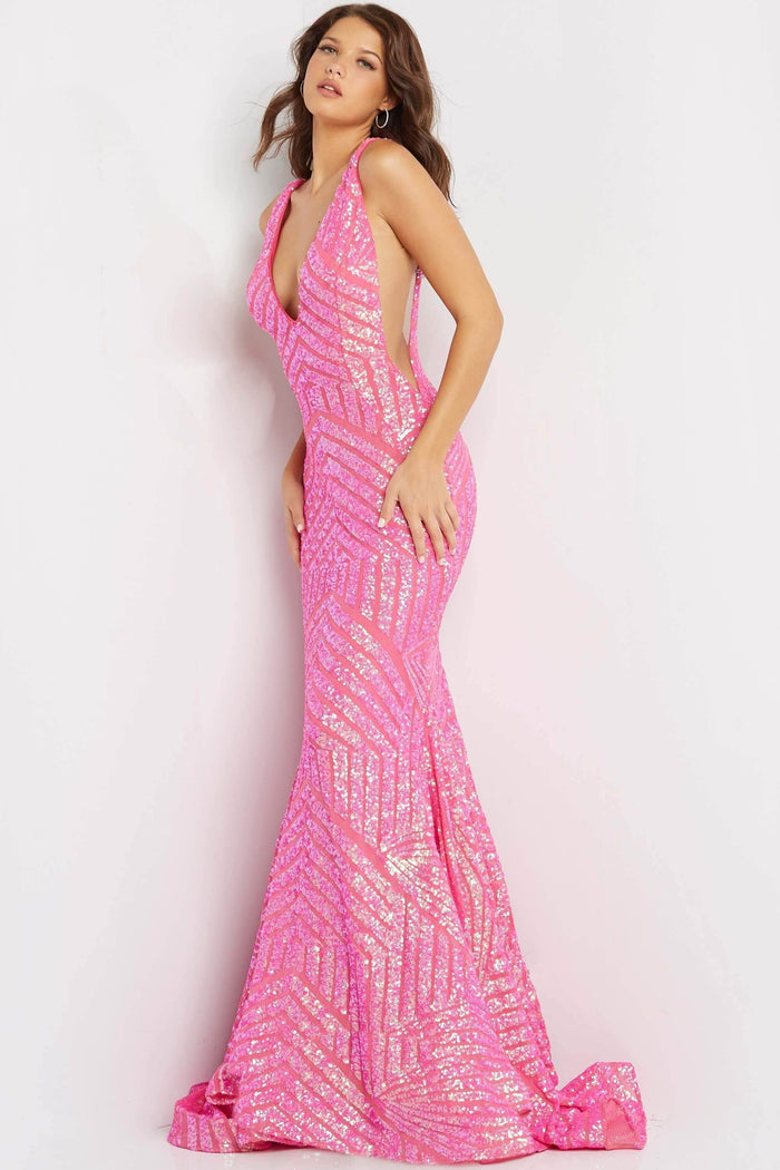 Jovani - 59762 Sexy Fitted Sheer Panel Sequin Evening Gown Prom Dresses 00 / Neon Hotpink