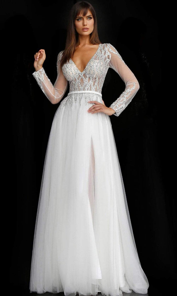 Jovani - 60325 Embellished Plunging V Neck A-line Gown Wedding Dresses 00 / Off-White