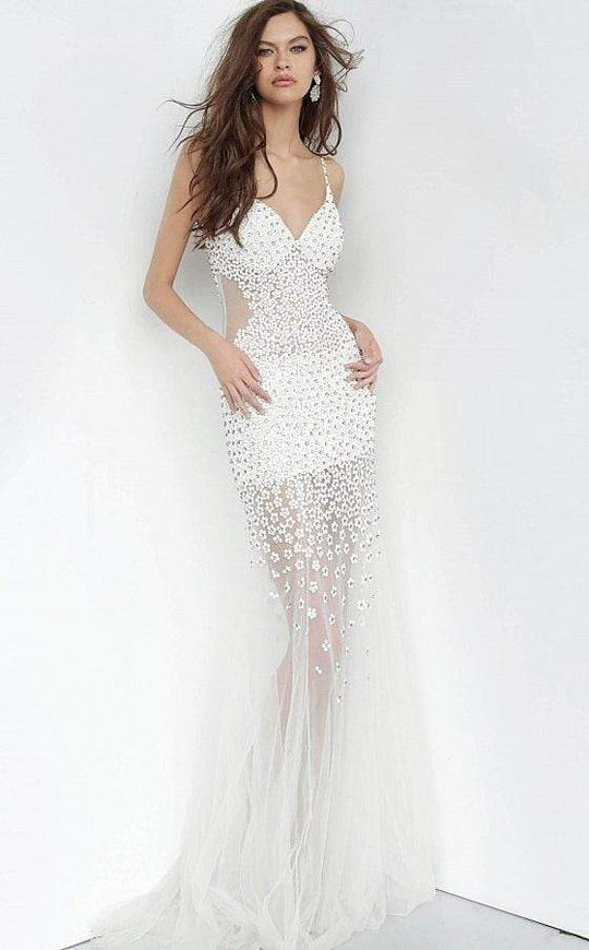 Jovani 60695 Beaded Illusion Floral Applique Prom Dress