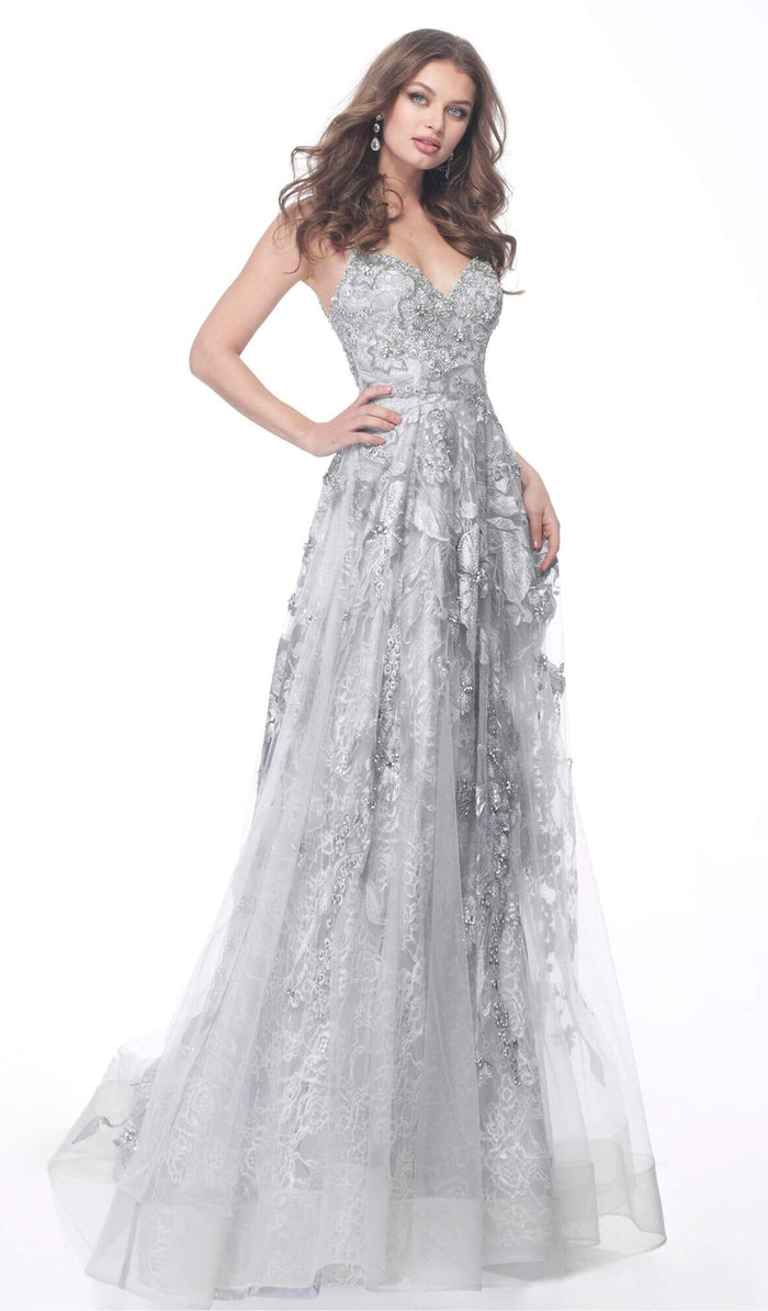 Jovani - 62405 Embroidered Plunging V-Neck A-Line Gown Prom Dresses 00 / Silver